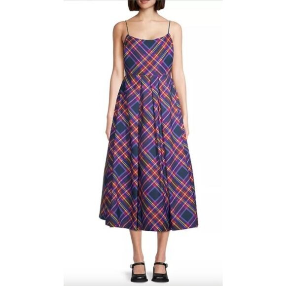 NWT SACHIN + BABI Dress Audra Plaid Midi Party Navy Blue Fit Flare 10